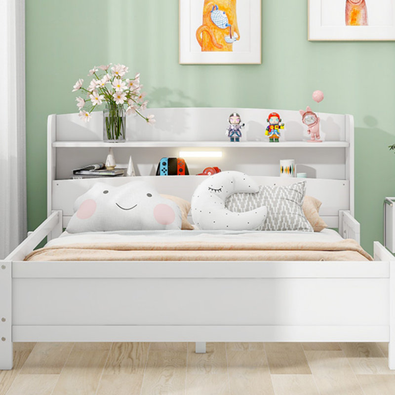 Lit plateforme double en bois avec éclairage à DEL intégré, tête de lit avec rangement et garde-corps, Blanc