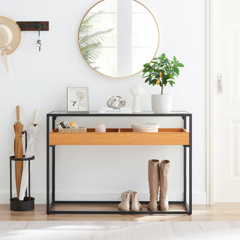 Marialana Glass Top 2 Tier Console Table with Storage and Display Cubbies