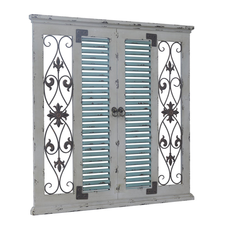 Alvardo Beige Wooden Scroll Window Shutter Home Wall Decor with Metal Scrollwork Relief, 40" x 2" x 40"