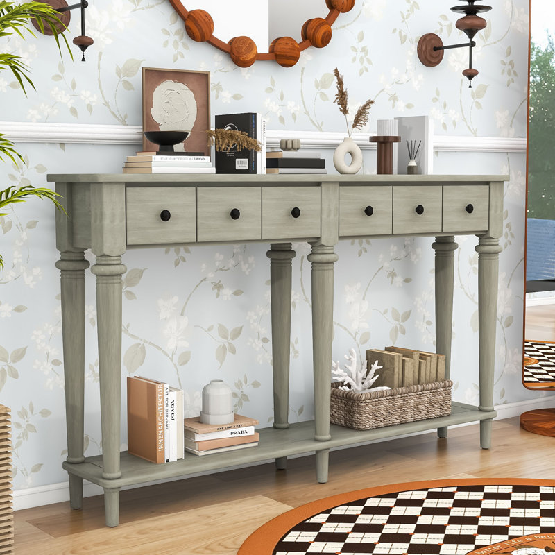 Console de couloir élégante en bois avec tiroirs et tablette, Gris délavé