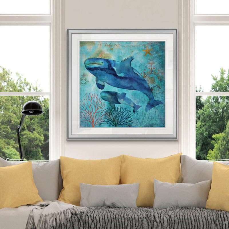 " Deep Sea Whales ", 24" H x 24" W x 1.5" D, Silver Framed