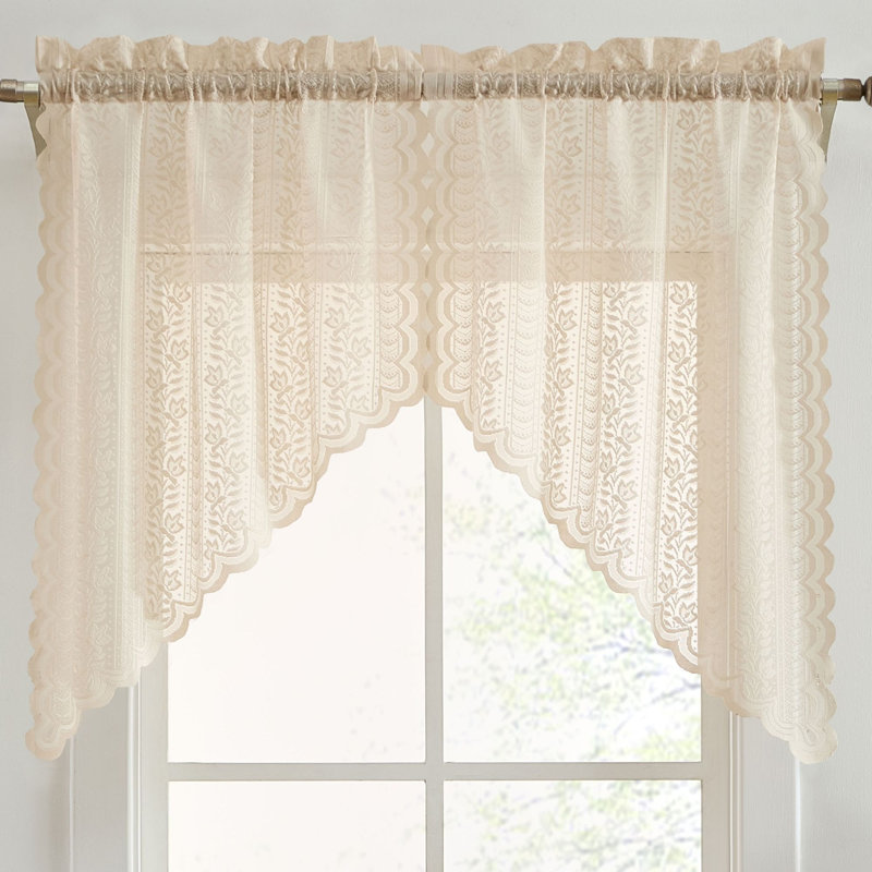Nikole Floral Rod Pocket Lace Semi Sheer Voile Short Cafe Tiers for Small Windows - 28 x 36 Inch Length - Set of 2, Taupe