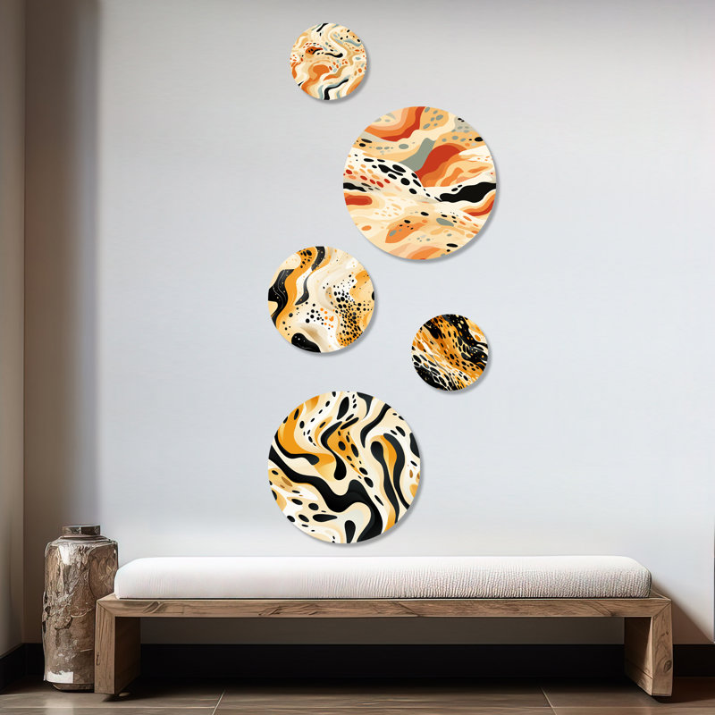 Ensemble de 5 impressions murales rondes orange et noir - Animal Glam