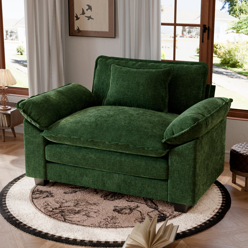 Fauteuil d'appoint surdimensionné en chenille l 49,5 po Brazell, fauteuil simple confortable, fauteuil de lecture rembourré avec coussin décoratif et coussins amovibles - vert