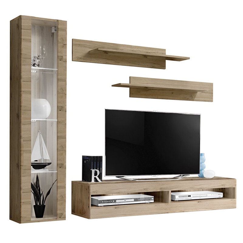 Logue 85" Modern Floating Wall Mounted Entertainment Center with 16-Color LED Lighting, High Gloss Finish, Oak