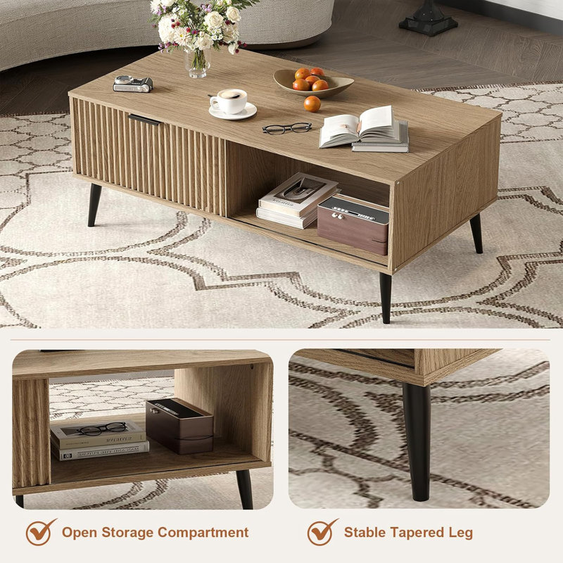 2-Tiers Coffee Table, 41.34''L Farmhouse Coffee Tables With Storage And Sliding Wave Pattern Door, Brown