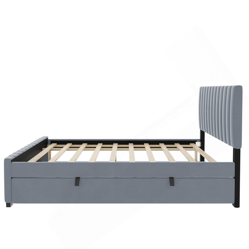 Lit plateforme double en velours avec lit gigogne double, gris
