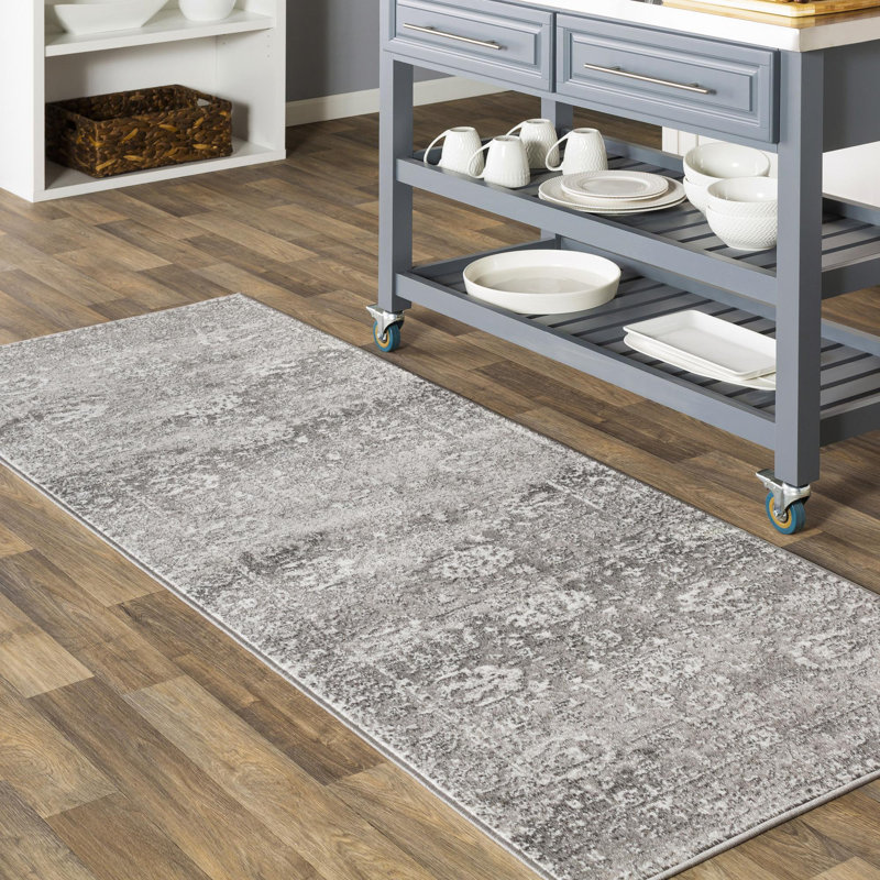 Tapis de style oriental gris clair / gris anthracite / blanc Fitz, Tapis de couloir 2 pi 7 po x 7 pi 3 po