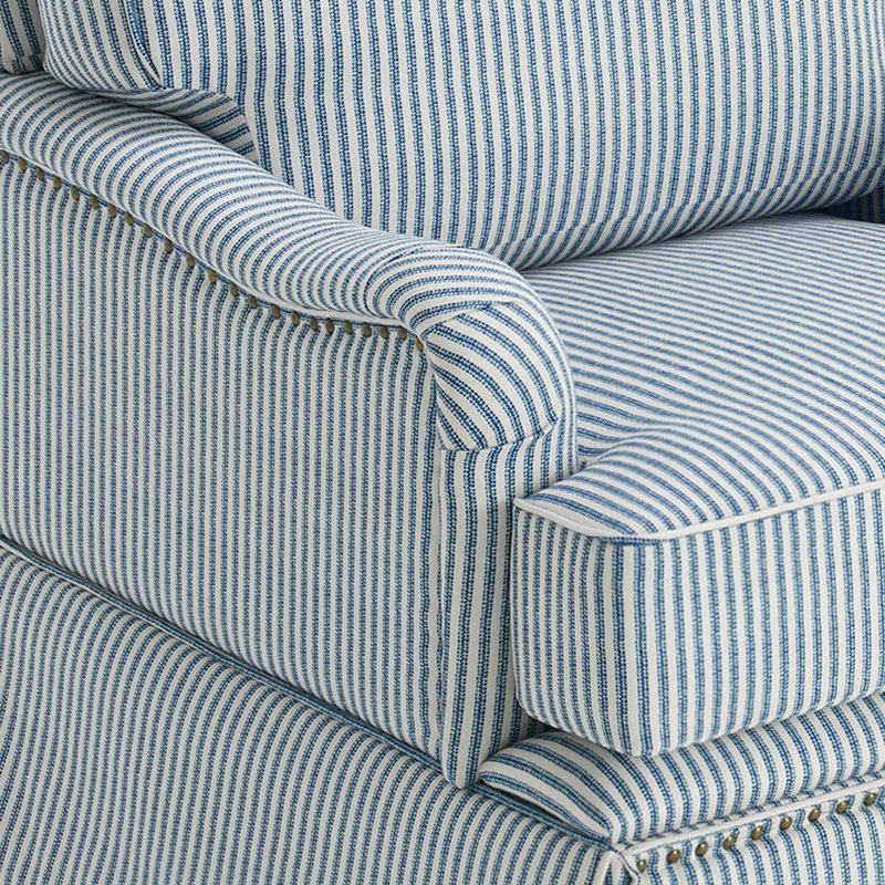 Upholstered Swivel Barrel Chair, Pinstripe Blue Cotton Blend
