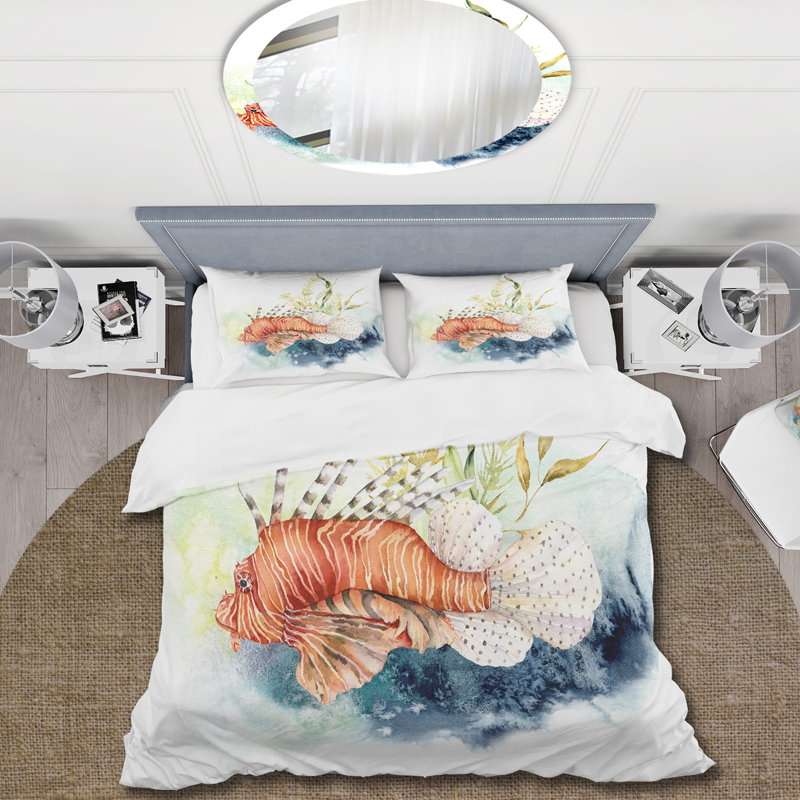 Poisson-lion et varech avec récif de corail et laminaire - ensemble de housse de couette nautique - microfibre de polyester