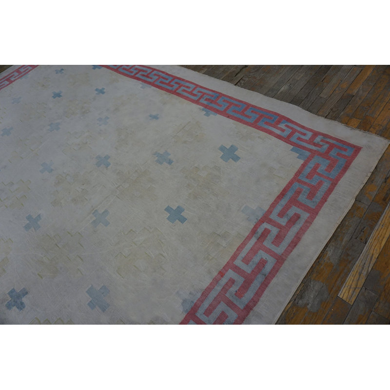 Faded Cream Color Geometric Pattern Antique Square Dhurrie Flatweave Rug