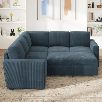 Hoelscher L-shaped Sleeper Sectional Upholstered Sofa Bed With Storage Space Corduroy Blue
