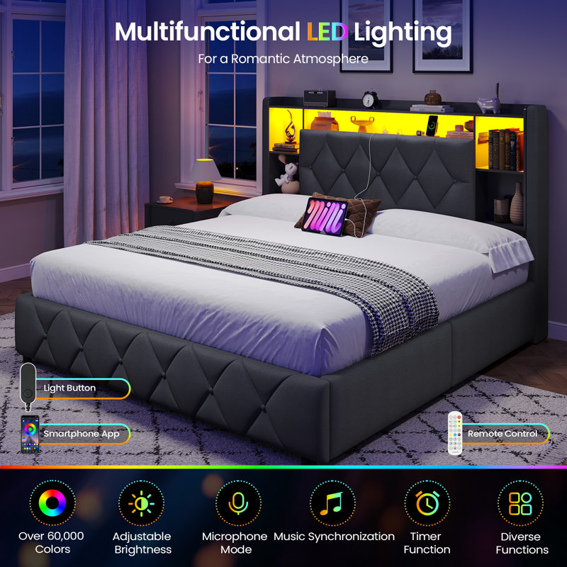 Ottoman Bed Frame with Charging Station and LED Lights, Upholstered Storage Beds with Lift-Up Underbed Storage, Easy Operation