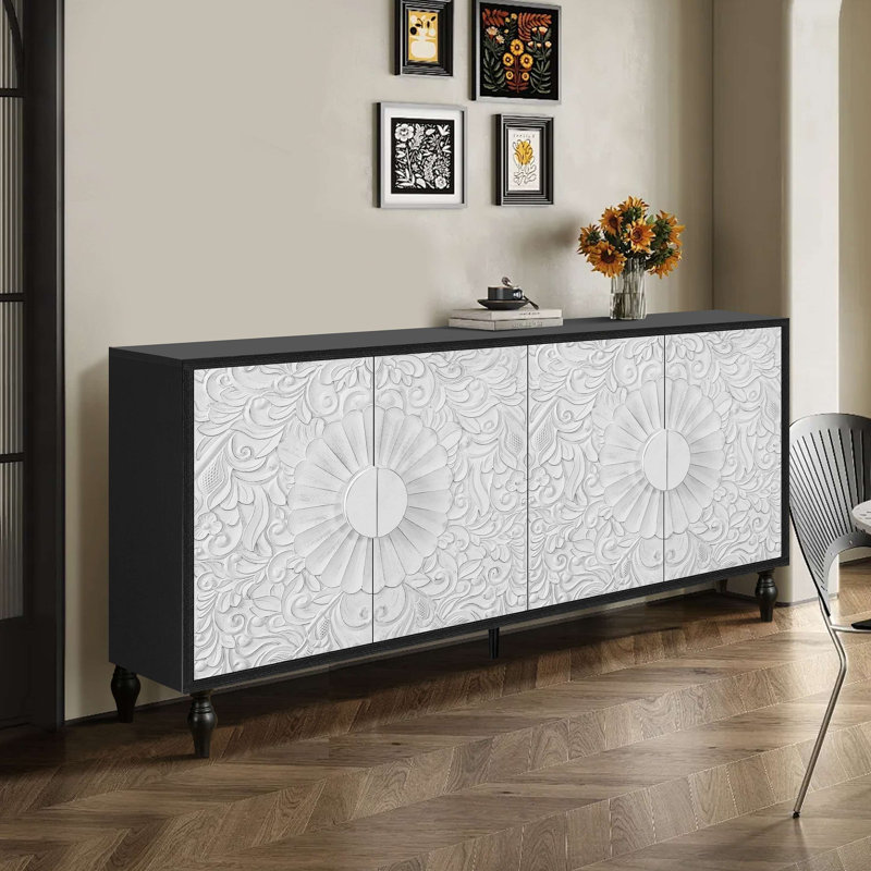 Grandes portes facettées sculptées et épissées combinées avec des cadres noirs pour table télé, buffets, armoires décoratives