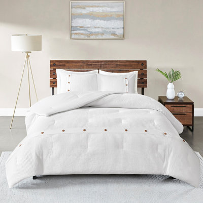 3 Piece Cotton Waffle Weave Bedding Full/Queen White - Machine Washable, Charming Decorative Buttons, Cozy & Stylish Comforter Wood Buttons For A Relaxing Bedroom