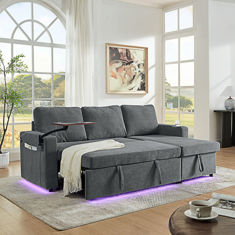 Canapé-lit moderne et multifonctionnel avec table rétractable et éclairage à DEL, ports de chargement USB et porte-gobelets