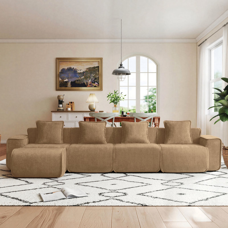 5-Seat Modular L Shape Velvet Sectional Compression Sofa, No Assembly Required with French Edge Piping, Velvet - Brown
