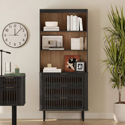 Bibliothèque 72,8 "à 3 niveaux avec grand tiroir, bibliothèque moderne avec rangement, tablettes réglables, armoire de rangement en bois, salon, chambre à coucher, 3 pièces