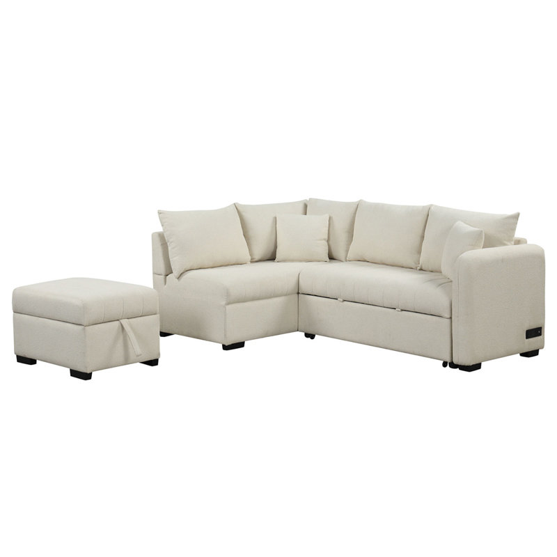 Upholstered L-Shaped Sectional Reversible, Beige Polyester Blend
