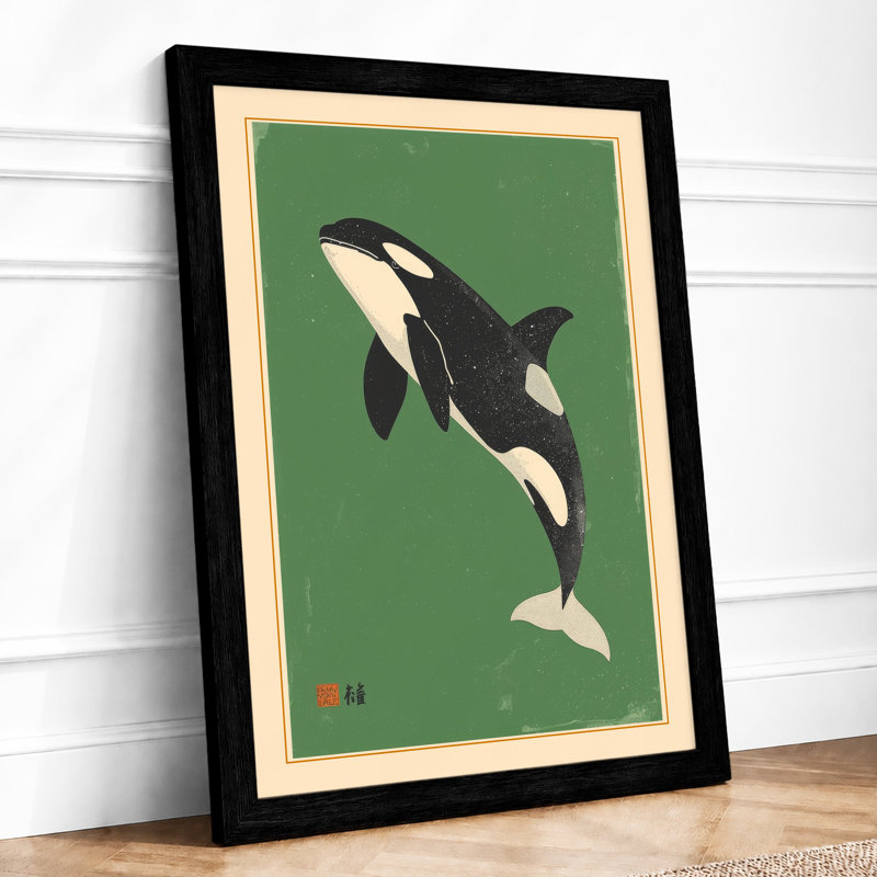 Leaping Whale Japandi - Framed Print, Black, A4 - 29.7 x 21.0 cm