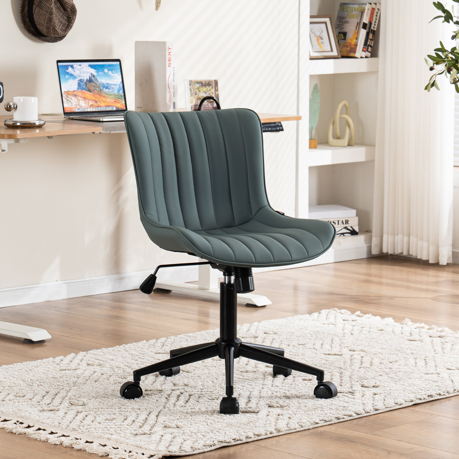 Brionni Leather Swivel Task Chair with Casters, Gray Green Seat/ Black Frame