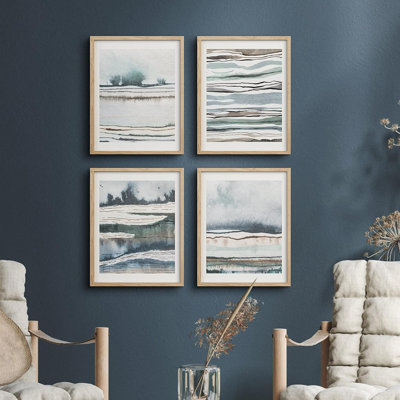 «Bathroom Decor Multicolor Blue Pastel Paint Stroke Paysages Abstract Shapes Wall Art Relax», impression encadrée sur papier, 4 pièces