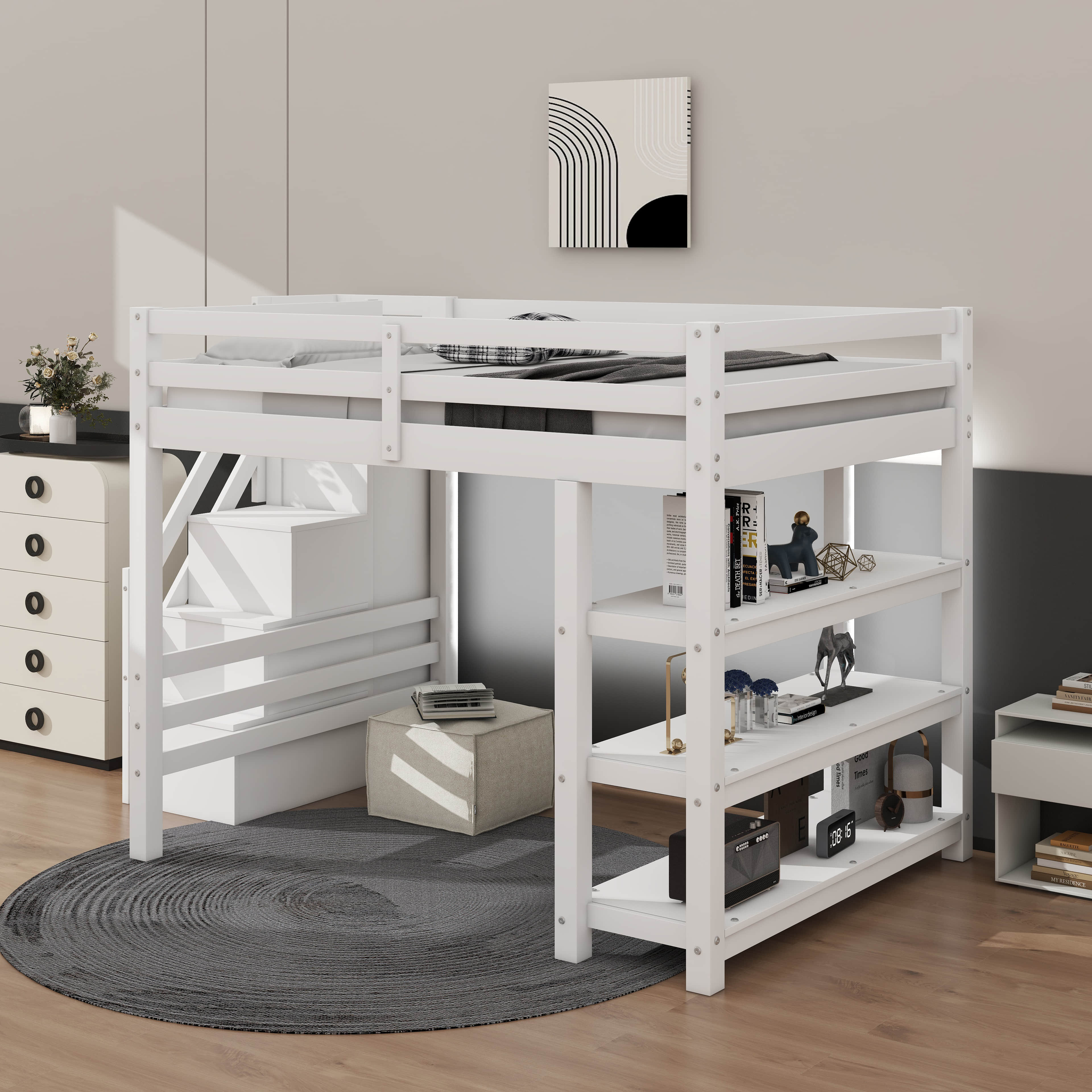 Ebern Designs Full Size Loft Bed With Shelves, Storage Staircase, Small ...