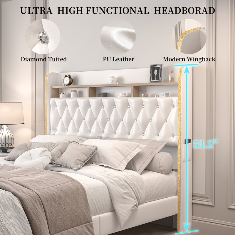 Structure de lit tapissier à oreilles avec haut-parleur USB Galaxy Star, tiroirs et tête de rangement, Très grand lit, Blanc