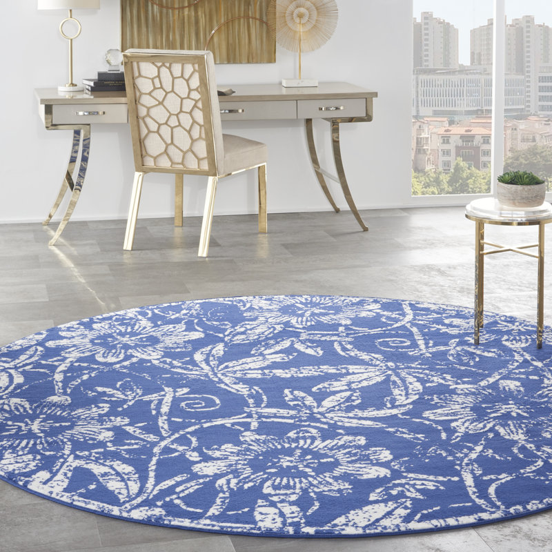 Tapis bleu marine en polypropylène tissé à la machine Yetty, Rond 8 pi
