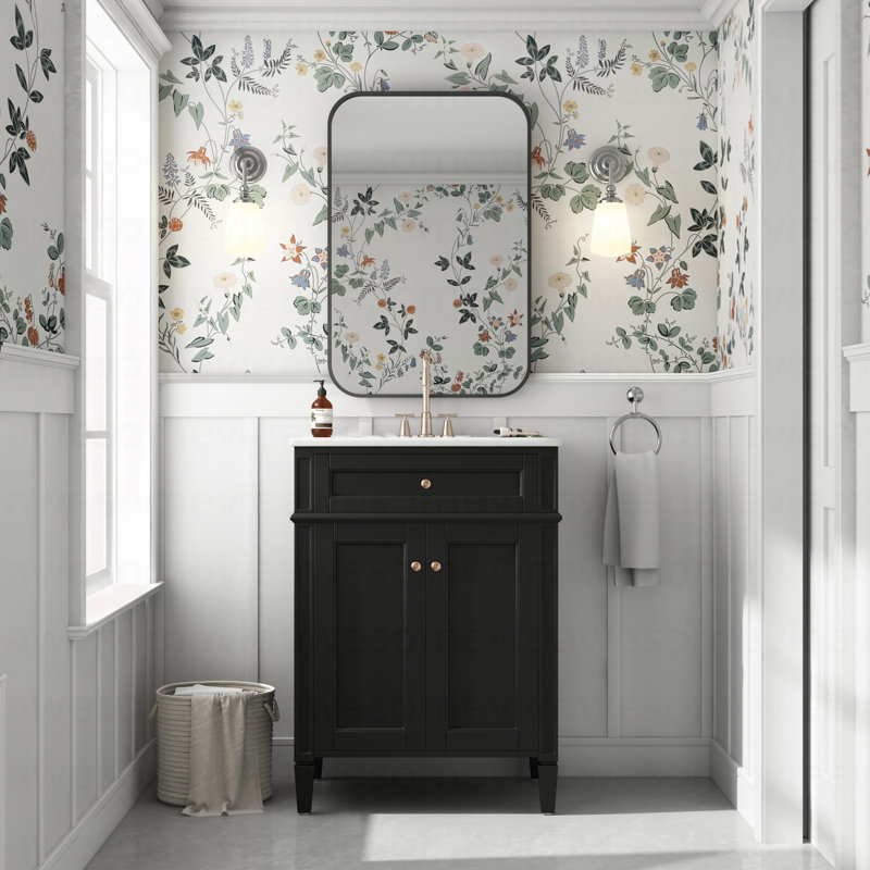 Meuble-lavabo 24 po avec 2 portes et tiroir escamotable, armoire de rangement de salle de bain avec lavabo, portes à fermeture en douceur avec organisateurs