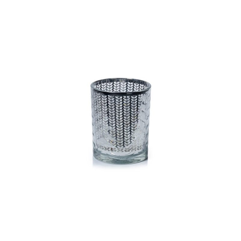 Laser-Etched Metallic Glass Hurricane Candle Holders, Set of 2, Silver