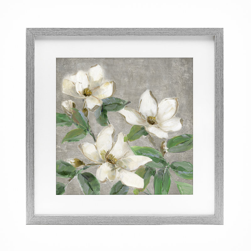Magnolias ivoire sur fond gris, impression par Sally Swatland, H 16 po x l 16 po, Cadre de ferme gris sous verre Farmhouse