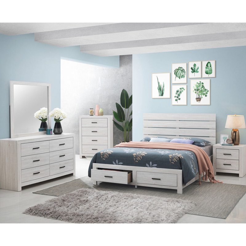 Très grand lit oriental de style bord de mer blanc, tête de lit à lattes, deux tiroirs, finition usée, panneau additionnel pour chambre à coucher avec tête de lit et rangement dissimulé, élément en bois massif, élément décoratif