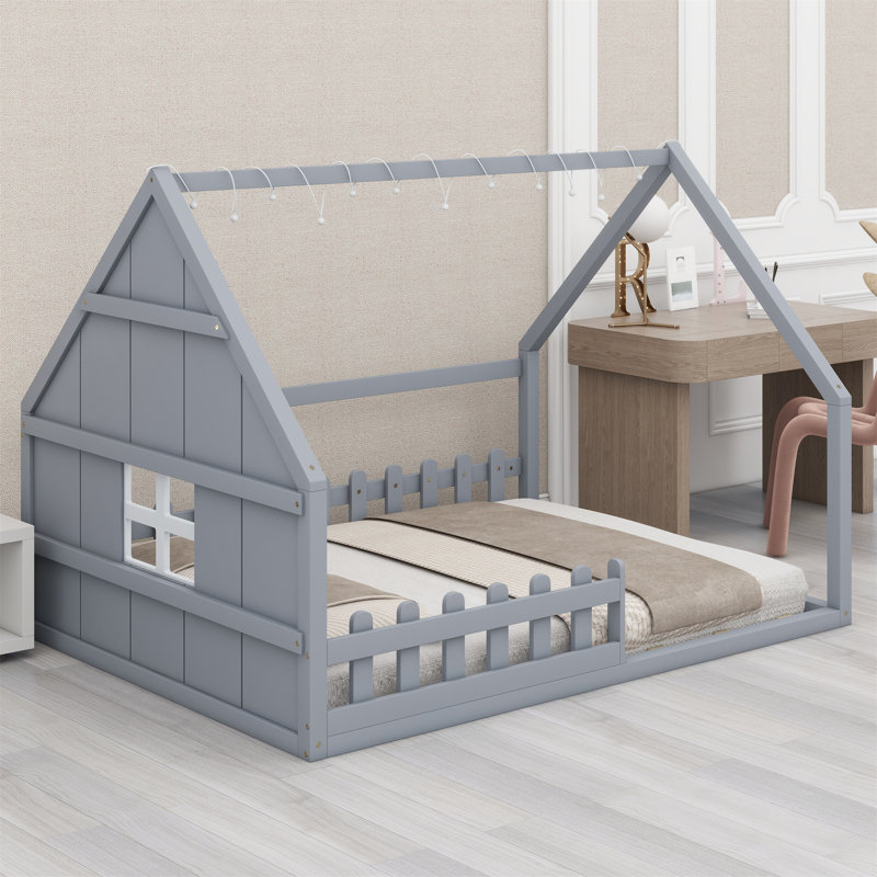 Lit maison avec fenêtre et clôture, DEL, Gris