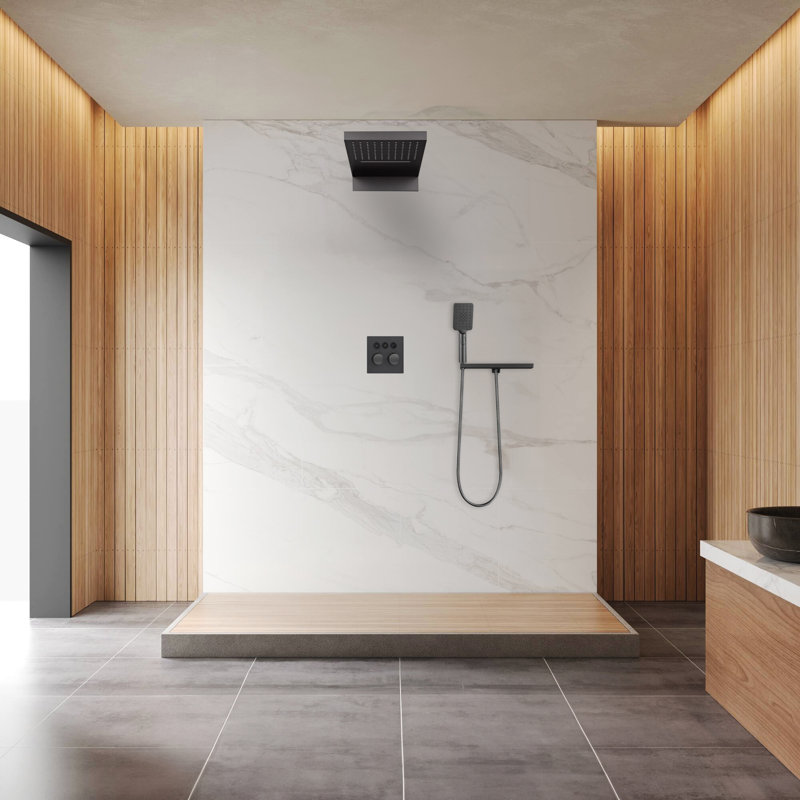 Système de douche thermostatique mural noir Trieste avec fonction DEL multifonction