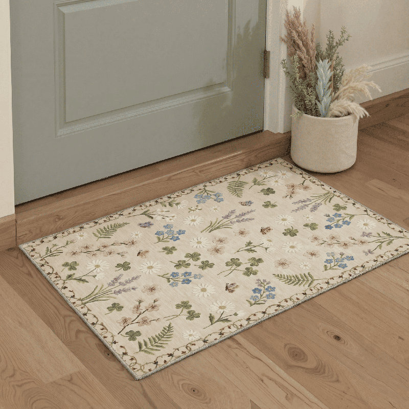Cogswell Floral Poppy Machine Washable Begie/Green/Yellow Indoor Area Rug With Non-Slip Backing, Runner 2'3" x 6'