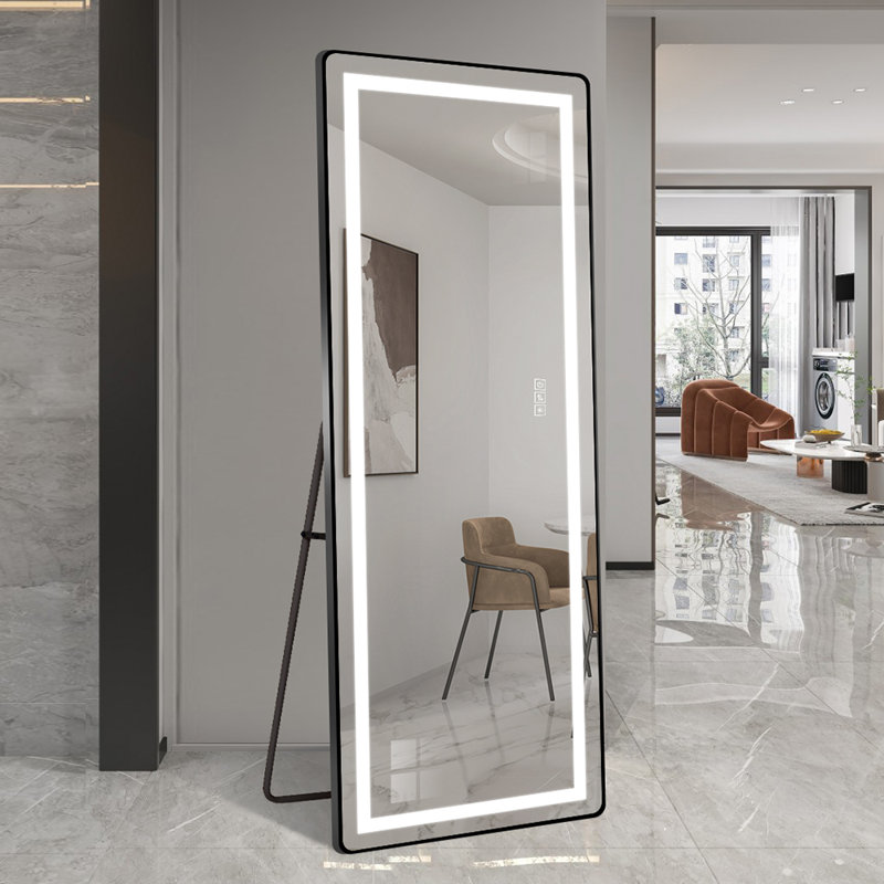 Miroir à DEL pleine longueur 64 pouces, vertical / plancher, à intensité variable, cadre en alliage d'aluminium noir | Idée de cadeau