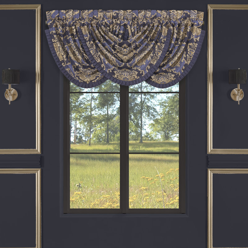 Woodstock Multicolor Damask Waterfall Valance with Trim Embellishment