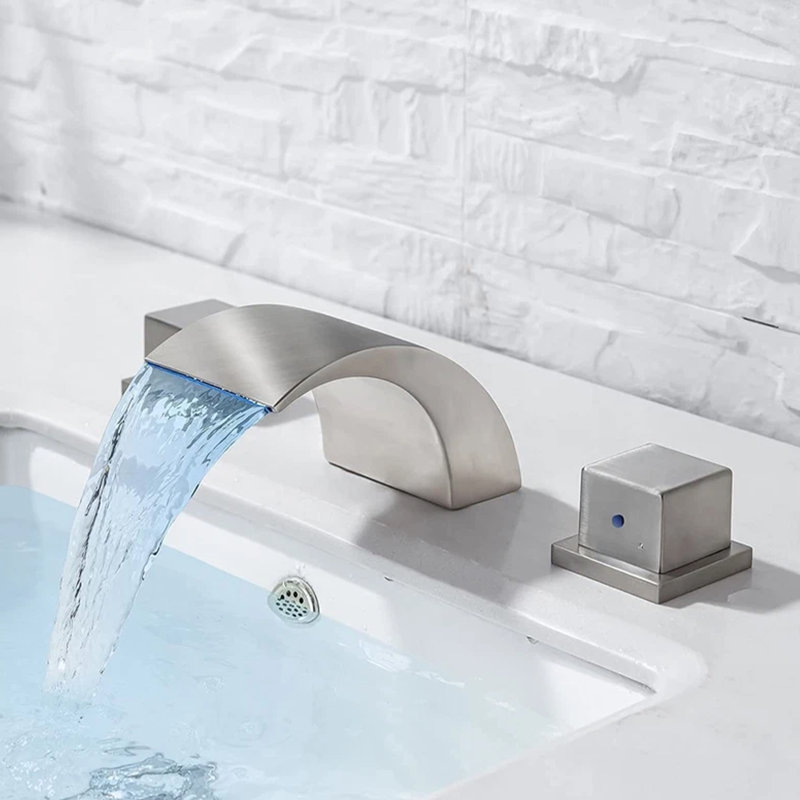Brushed Nickle 8-Inch Widespread Bathroom Faucet with LED Light and Waterfall Spout, 3-Hole Modern Vanity Sink Faucet with 2 Knobs