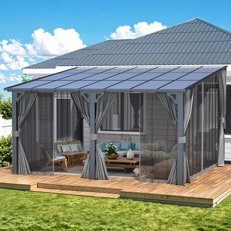 Lean-To Wall-Mounted Pergolas With Curtains And Netting, 96" H x 168" W x 144" D
