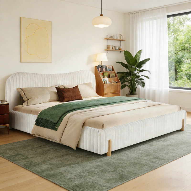 Lit tapissier Boucle avec tête de lit Wave, Bois massif, Très grand lit