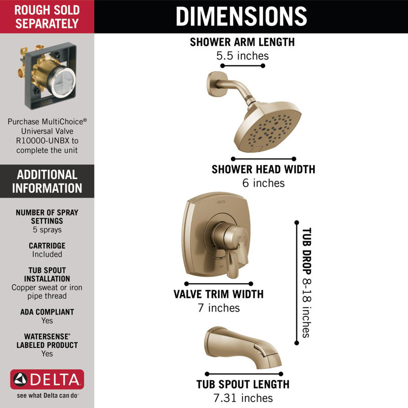 Garniture de robinet de baignoire et douche Stryke 17 Series avec inverseur et technologie H2Okinetic, Bronze champagne