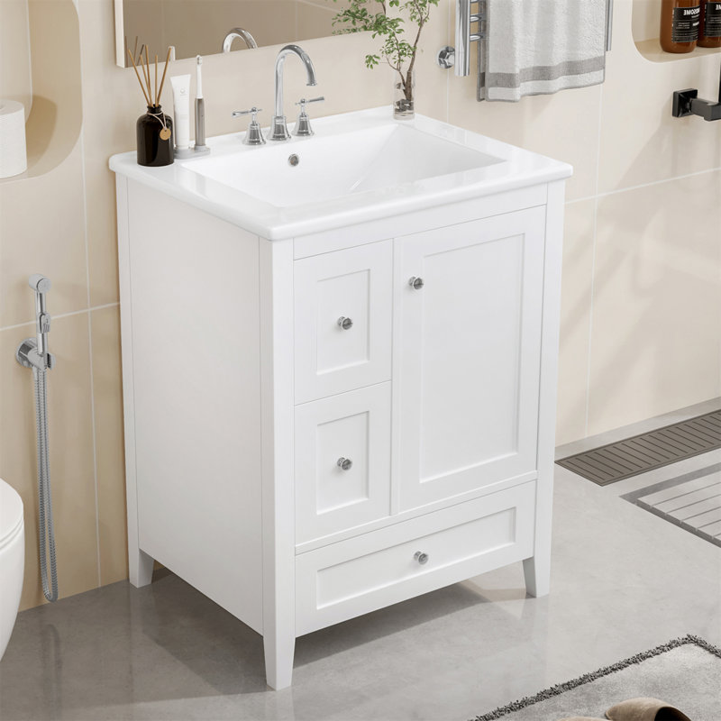 Meuble-lavabo simple 24 po avec lavabo en céramique, tiroir avec séparateur, tablette intérieure réglable, Blanc / argenté