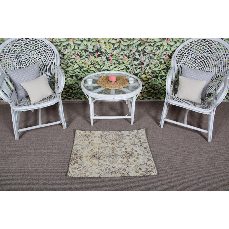 Vintage Small Beige Turkish Oushak Rug with Geometric Patterns Ideal for Door Entry Mat