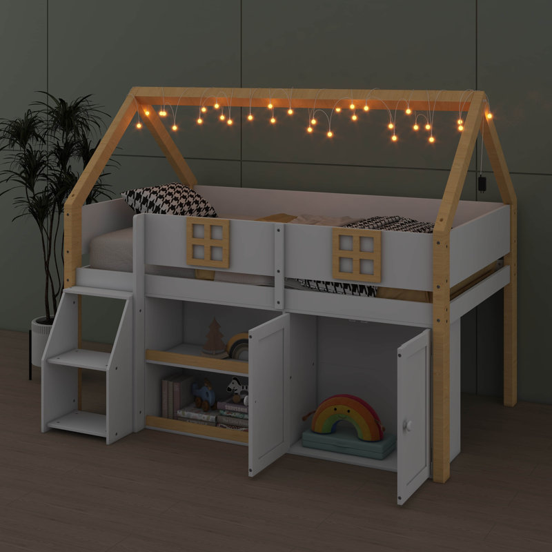Lit mezzanine avec escabeau, étagères intégrées, armoires et système d'éclairage, Lit simple