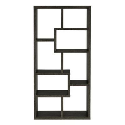 Bibliothèque grise, 10 tablettes, formes géométriques, ouvert, dispositif anti-basculement pour gris vieilli, dossier rectangulaire à espaces multiples et placage d'ingénierie
