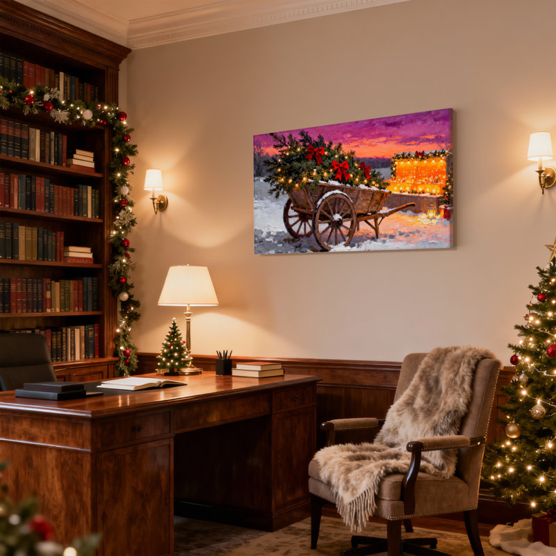 Ensemble de 3 impressions sur toile de Noël avec wagon de Noël avec lumières et neige, H 20 po x l 30 po