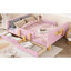 Lit plateforme double rose avec tiroirs de rangement, structure en bois massif, rail et tablette pour garde-corps en pin