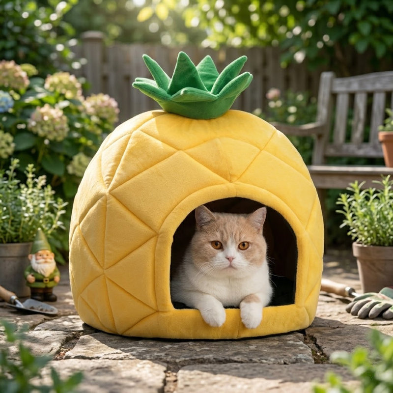 Hutte auto-chauffante pour chat avec chat, jaune, ananas
