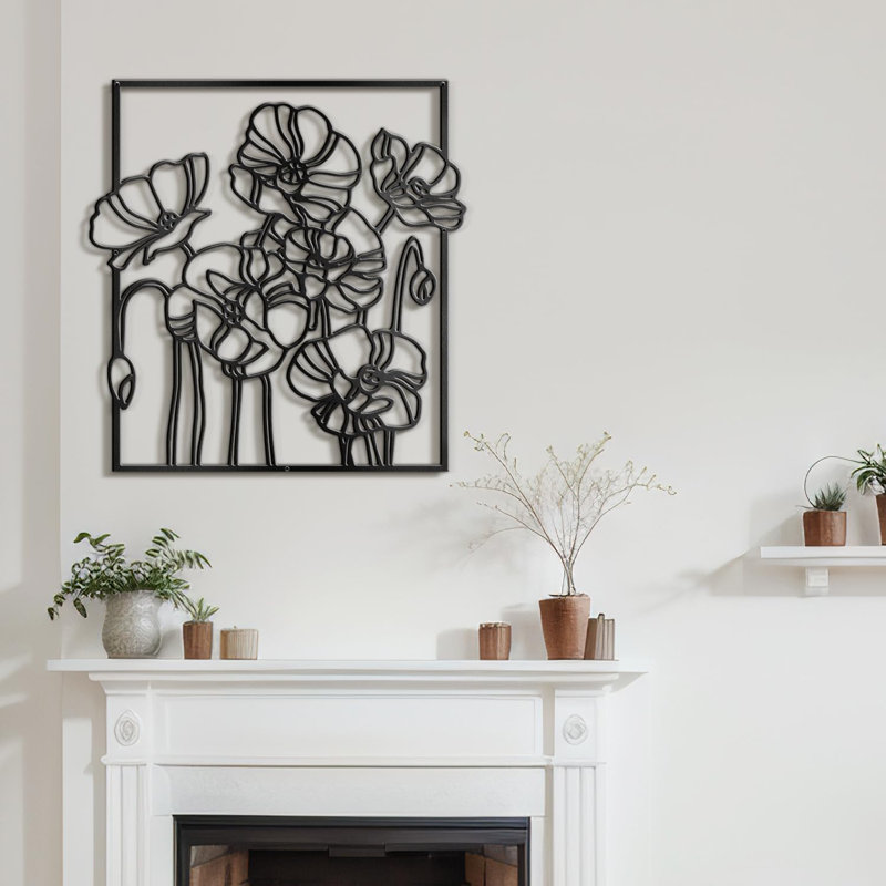 Abstract Floral Line Art Wall Decor Modern Abstract Wall Accent Sculpture Hanging Decoration Metal Wall Decor, Blck
